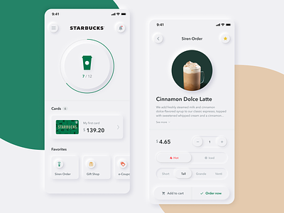 Starbucks App Neumorphism Concept app card cart coffee coupon design gradation green iphone mobile neumorphism starbucks ui ux