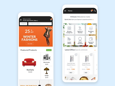 Shopping application dashboard and home design android app design application design illustration iphone app design mobile app design prototyping skecth ui design vector