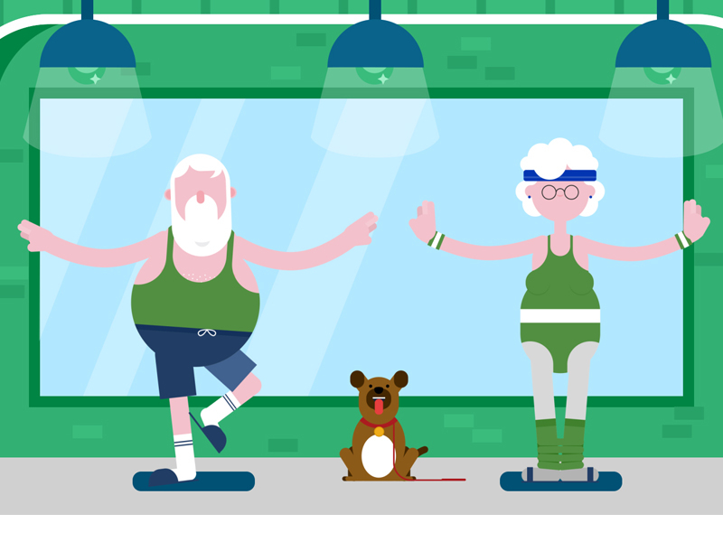 Seniors trying Yoga character dog grandpa granny man old retirement seniors sport sportwear woman yoga