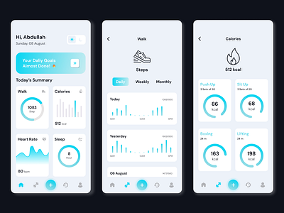 Sports App Light Mode - Dashboard, Steps Panel, n Calories Panel