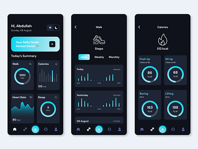 Sports App Dark Mode - Dashboard, Steps Panel, n Calories Panel