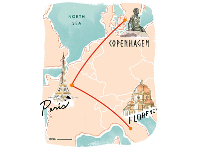 Euro Travel Map | Florence, Paris, Copenhagen drawing illustration map travel
