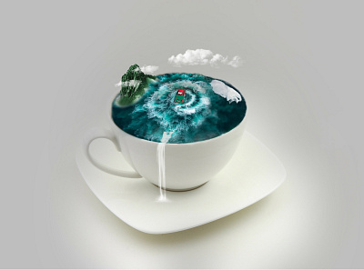 Surrealism art blue boat combinations effects fantasy graphic design hill incongruous imagery island juxtapositions mountains ocean photo manipulation surrealism teacup unnatural vignette waterfall wavy