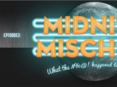 Midnite Mischief Header blue dark header moon neon orange podcast texture typography web design wood