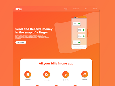 Landing page for a payment app app branding design graphic design landing page minimal mockup orange white payment app ui