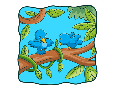 Cartoon illustration two birds are on a tree trunk white