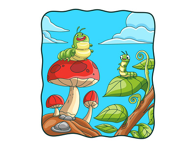 Cartoon illustration caterpillar on mushrooms and leaves life