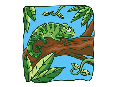 Cartoon illustration chameleon on a tree trunk