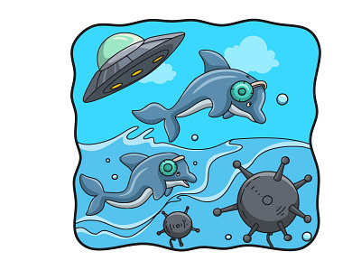 Cartoon illustration two dolphins and a flying saucer life