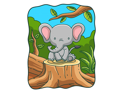 Cartoon illustration elephant sitting on a tree smile