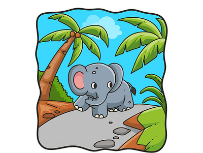 Cartoon illustration elephant walking in the forest smile