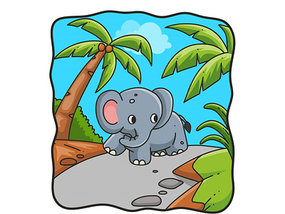 Cartoon illustration elephant walking in the forest