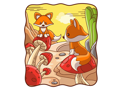 Cartoon illustration two foxes sitting on a mushroom