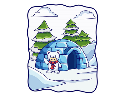 Cartoon illustration polar bear standing in front of his house happy