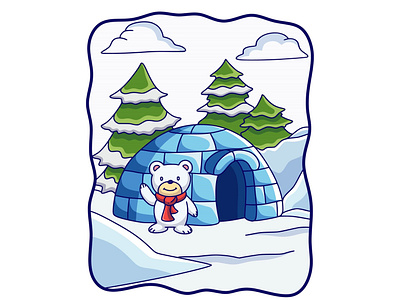 Cartoon illustration polar bear standing in front of his house