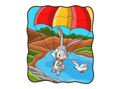 Cartoon illustration bunny skydiving with a dove hare