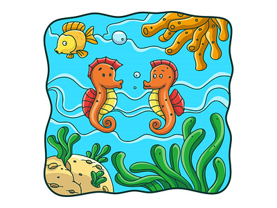 Cartoon illustration two seahorses and one fish