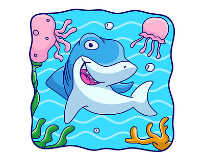 Cartoon illustration sharks and jellyfish