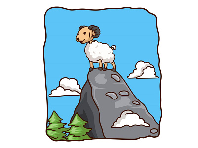 Cartoon illustration the sheep is on the big rock smile