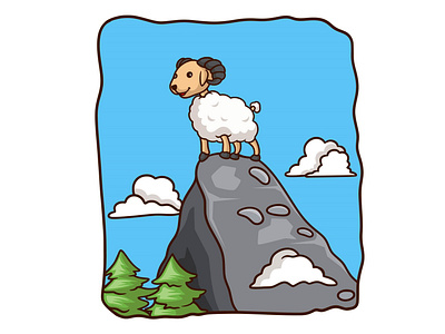 Cartoon illustration the sheep is on the big rock