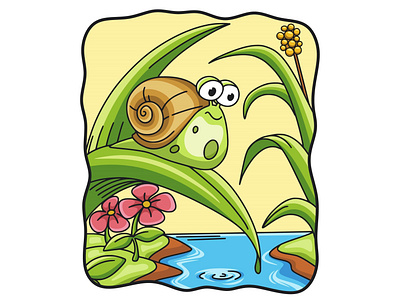 Cartoon illustration snail walking on tree leaves