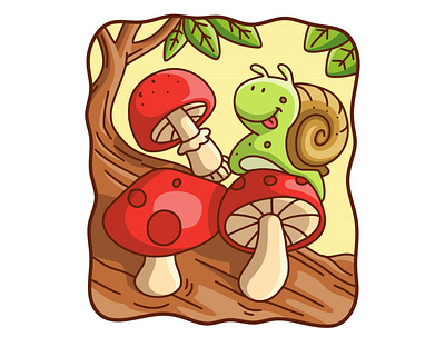 Cartoon illustration Snails walk on mushrooms artwork