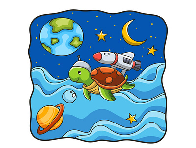 Cartoon illustration turtle flying on rocket cheerful