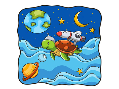 Cartoon illustration turtle flying on rocket