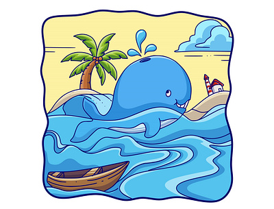 Cartoon illustration Whale swims in the sea fish