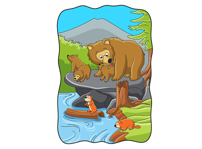 Cartoon illustration bear with cub on a big rock fluffy