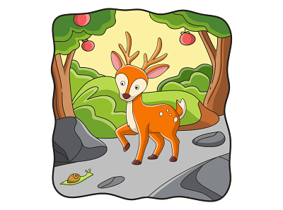 Cartoon illustration deer walking in the forest drawing