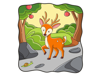 Cartoon illustration deer walking in the forest