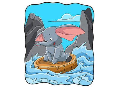 Cartoon illustration elephant pulling wood floating in the river