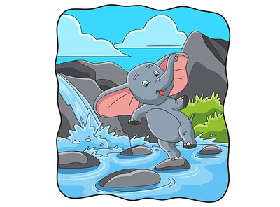 Cartoon illustration elephant jumping on river rock mascot