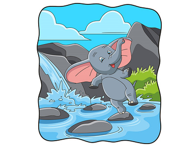 Cartoon illustration elephant jumping on river rock