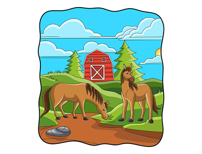 Cartoon illustration The horse is eating grass expression