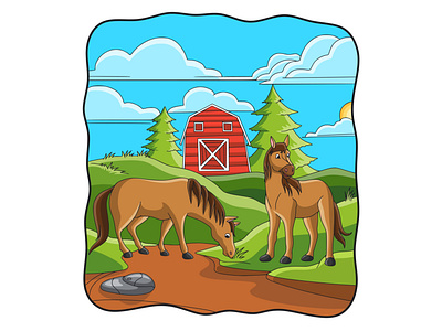 Cartoon illustration The horse is eating grass