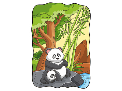 Cartoon illustration Panda with his cub sitting china