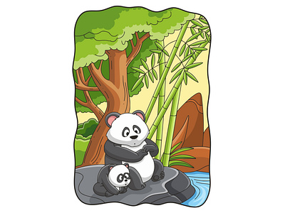 Cartoon illustration Panda with his cub sitting