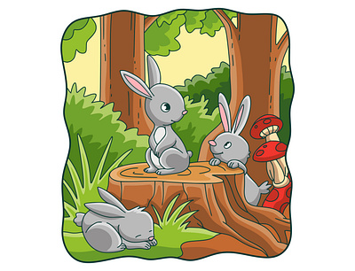 Cartoon illustration the rabbit is in the middle of the forest comic