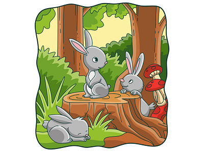 Cartoon illustration the rabbit is in the middle of the forest