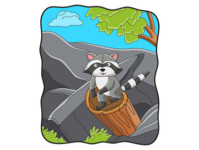 Cartoon illustration raccoon on a tree trunk nature