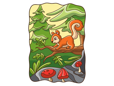 Cartoon illustration squirrel climbing tree fluffy