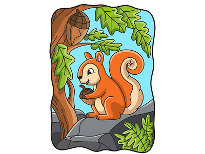 Cartoon illustration squirrel eating on a big rock fluffy mascot