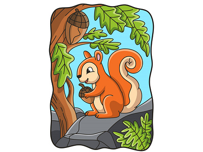 Cartoon illustration squirrel eating on a big rock