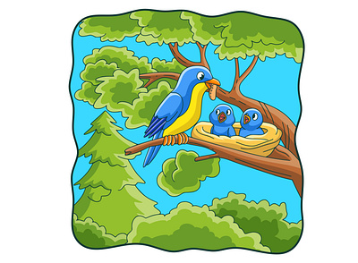 Cartoon illustration Birds bring food and perch on trees white