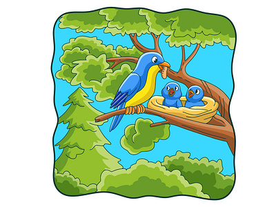 Cartoon illustration Birds bring food and perch on trees