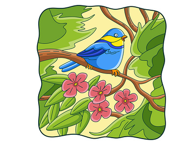 Cartoon illustration bird on the tree white