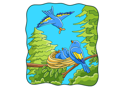 Cartoon illustration Birds bring food to their nests white