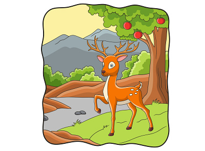 Cartoon illustration deer walking under the forest tree drawing